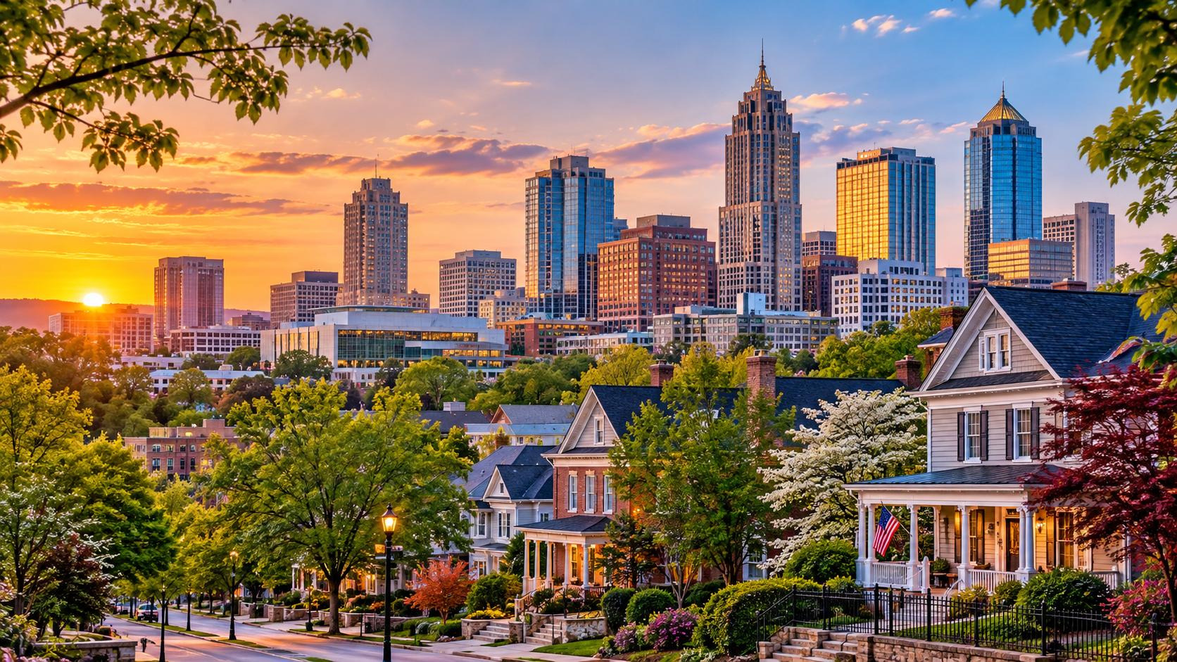 Raleigh Neighborhood Skyline at Sunset